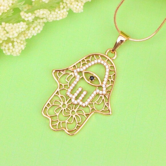 "Rose Gold Hamsa Hand Pendant with Crystal Eye Statement Charm, XPPT1585 - Picture 1 of 12